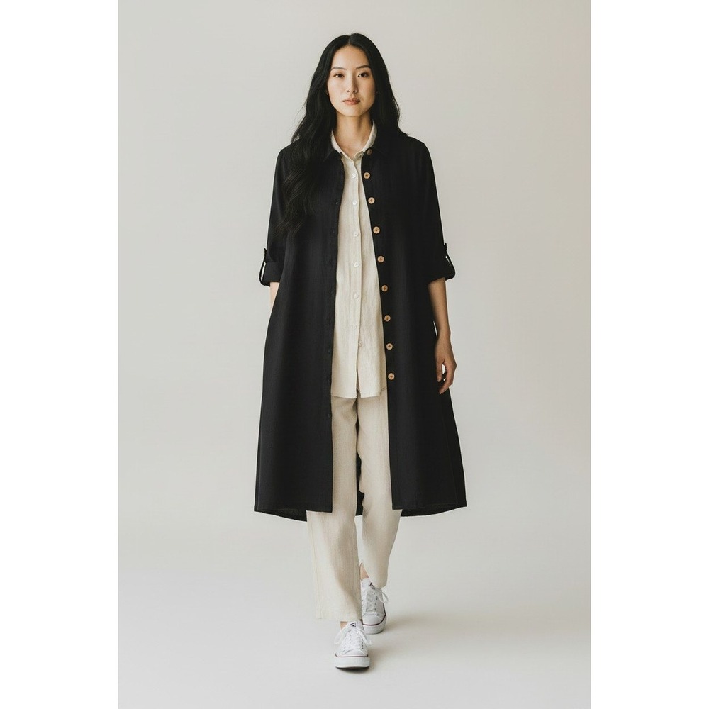 Nina Leonard Shirt Dress Women XL Black Button Front Tab Sleeve Duster
